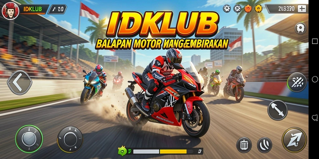 Gameplay seru IDKLUB dengan balapan motor yang mendebarkan.