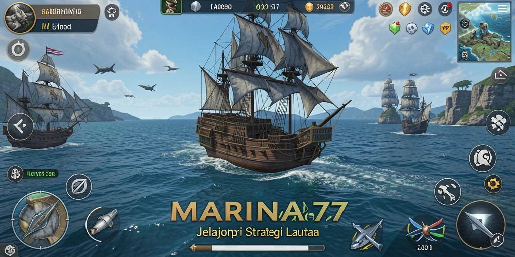 Screenshot gameplay MARINA77 menunjukkan aksi kapal di lautan.