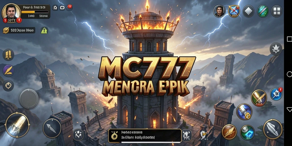 Screenshot gameplay MC777 menampilkan pertahanan menara yang strategis.
