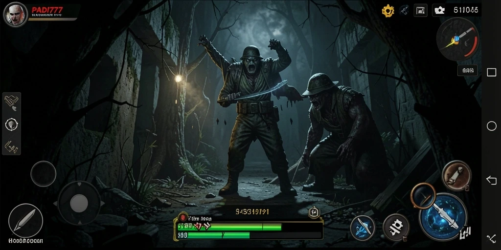 Screenshot gameplay PADI777 menampilkan suasana seram dan mencekam di lokasi angker.