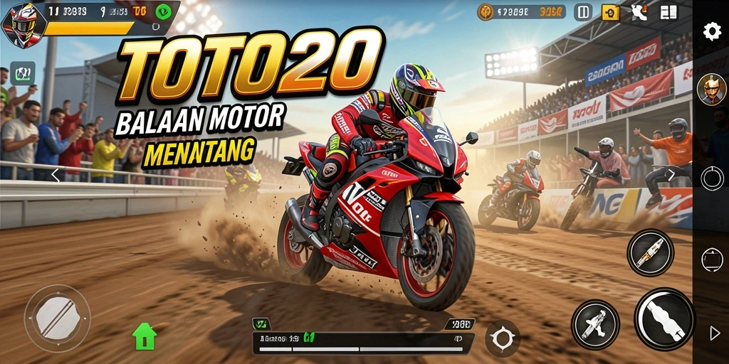 Tangkapan layar gameplay TOTO20 menampilkan aksi balapan motor yang mendebarkan.